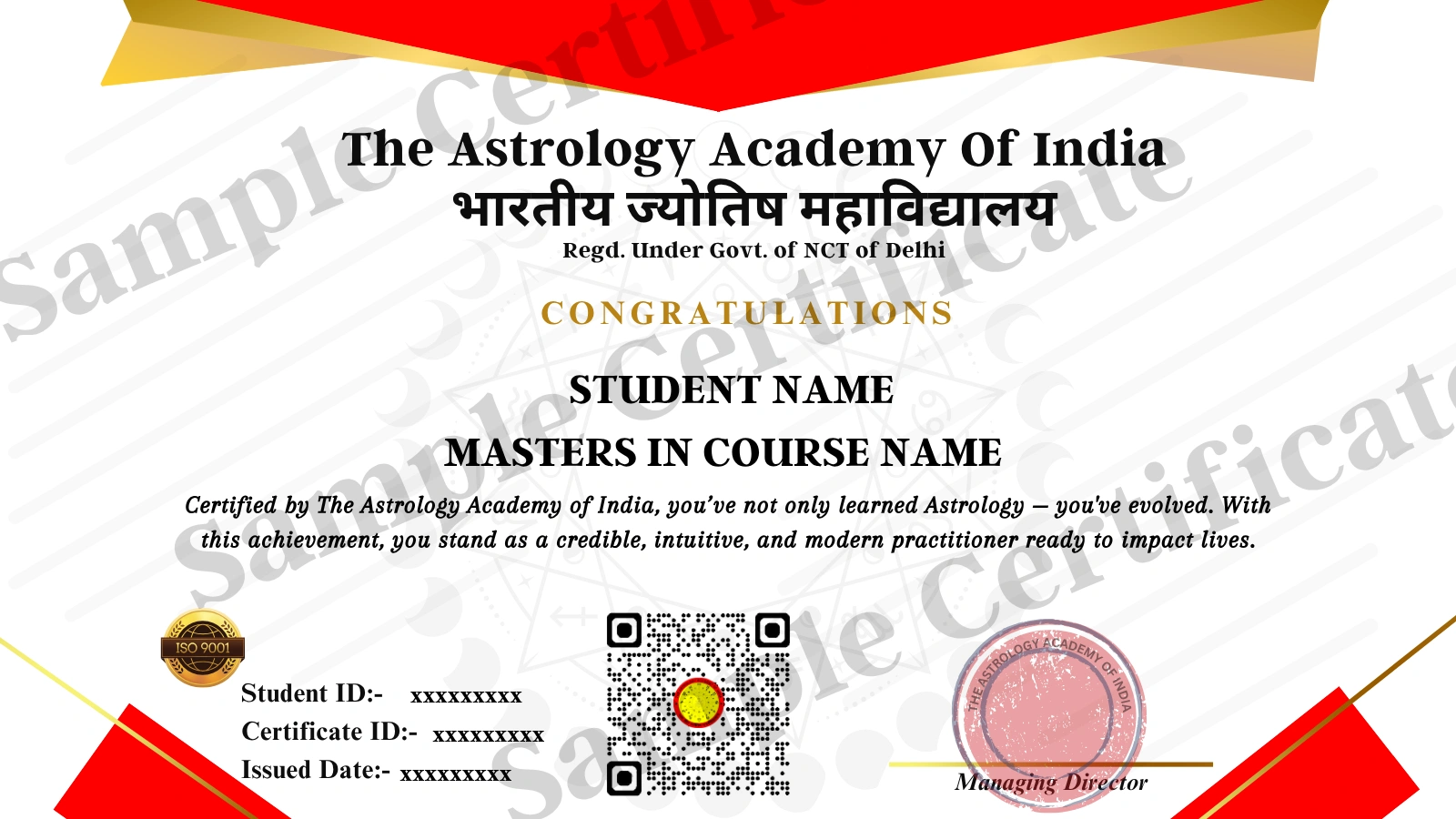 Professional Astrology Course Certificate awarded by The Astrology Academy of India after successful course completion